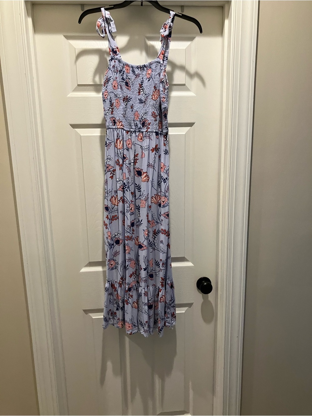 Japna Light Blue Floral Smocked Maxi Dress with Pink and Navy Accents